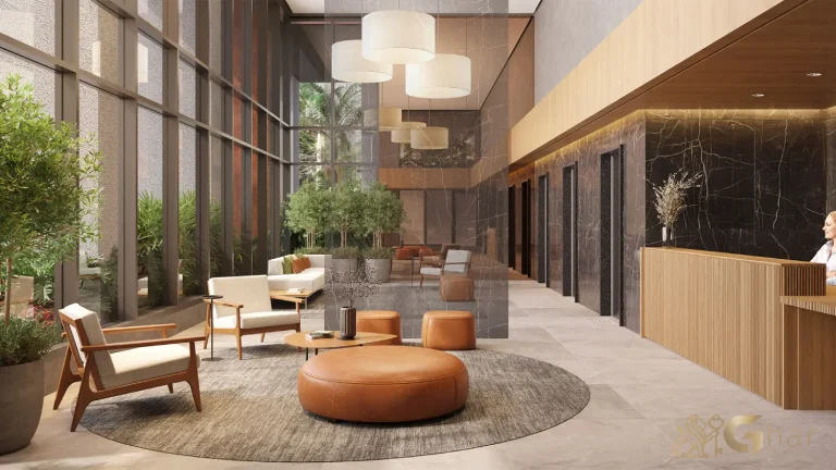 Lobby elegante do condomínio VP Moema