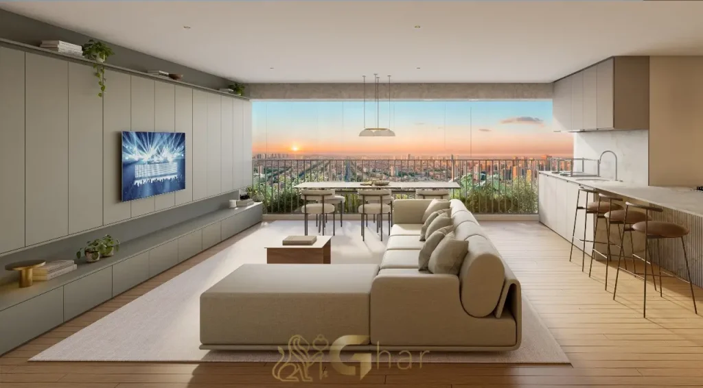 Sala de estar do apartamento decorado de 123 m² no Aire Alto de Pinheiros, São Paulo