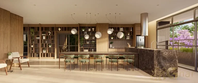 Salão de festas gourmet do Aire Alto de Pinheiros com design moderno