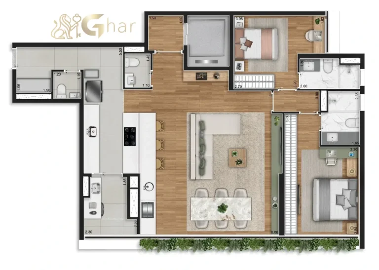 Planta do apartamento de 2 suítes com sala ampliada e 123 m² no Aire Alto de Pinheiros