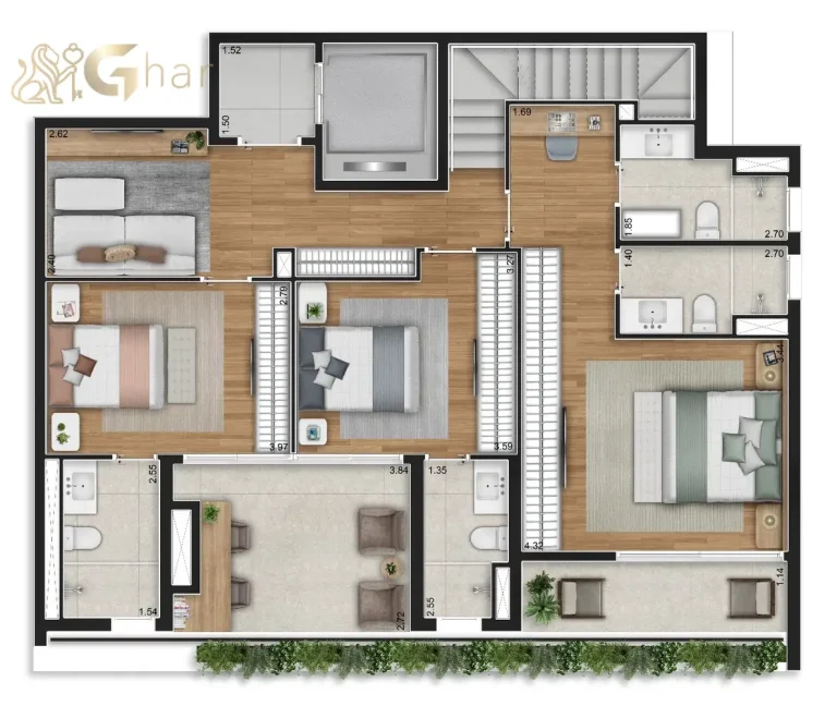 Planta do pavimento inferior do duplex de 244 m² no Aire Alto de Pinheiros, São Paulo