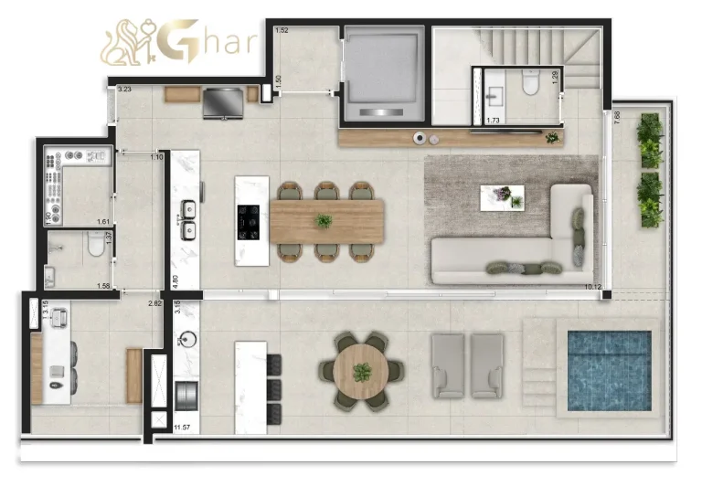 Planta do pavimento superior do duplex de 244 m² no Aire Alto de Pinheiros, São Paulo