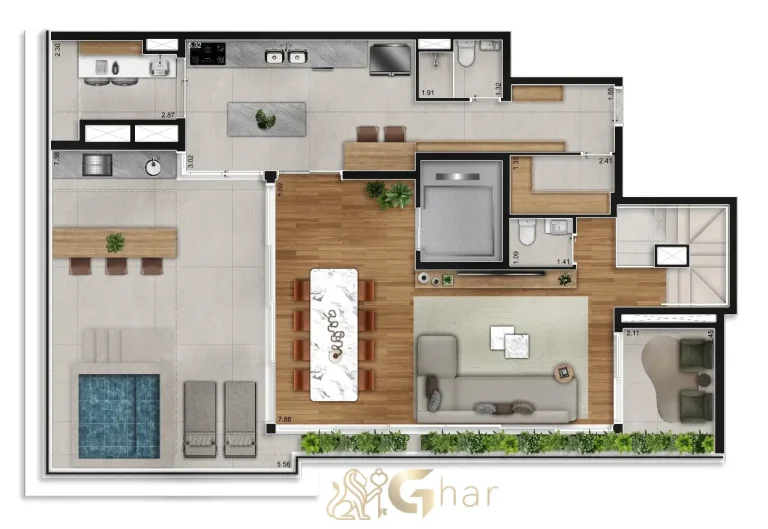 Planta do pavimento superior do duplex de 305 m² no Aire Alto de Pinheiros, São Paulo