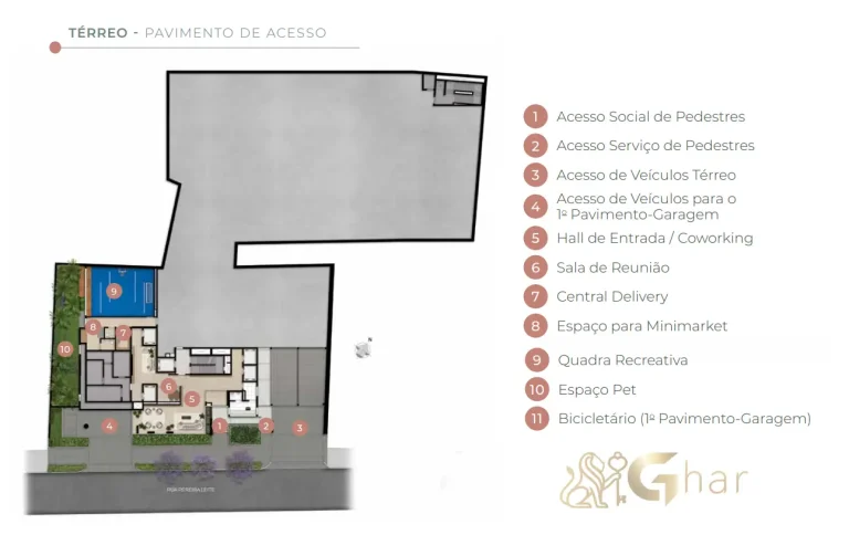 Implantação do térreo e acessos do condomínio Aire Alto de Pinheiros, São Paulo