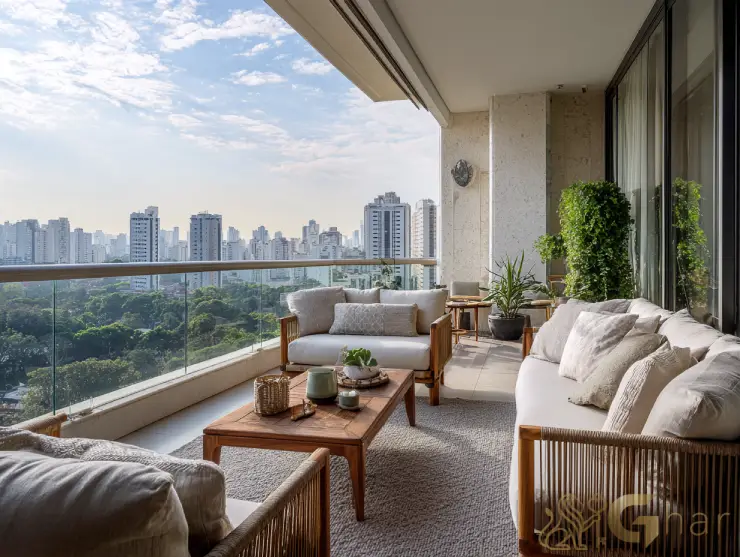 Varanda ampla decorada e vista para o Parque na zona sul da capital