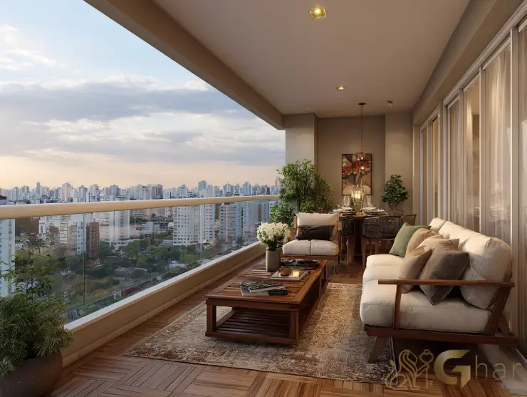 Varanda de alto padrão na zona oeste com decoração sofisticada