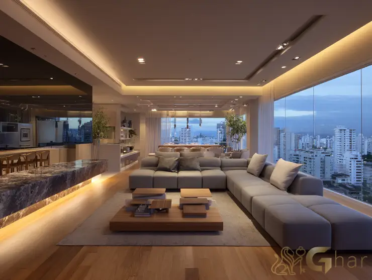 Sala de estar decorada e integrada em apartamento no Brooklin