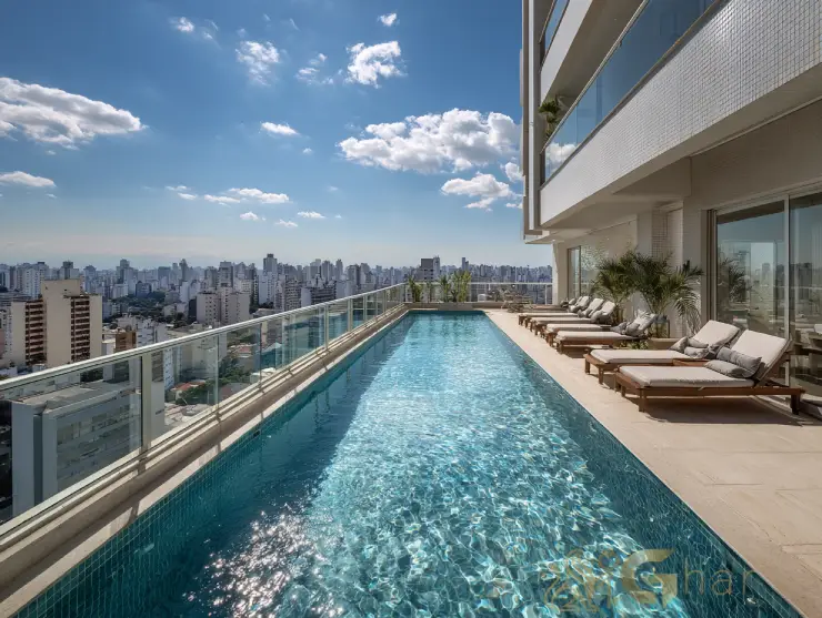 Área externa com piscina privativa em apartamento de alto padrão na zona sul da capital
