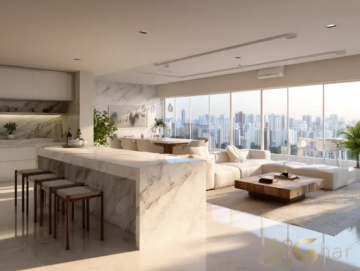 Cozinha aberta com sala integrada e varanda gourmet em apartamentos no Butantã.