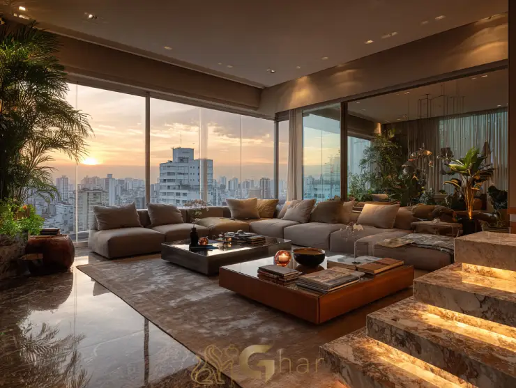 Sala de estar ampla em apartamento duplex de alto padrão no Butantã.