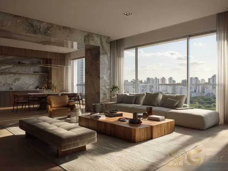 Sala de estar e jantar integrada em imóvel na zona sul de sp com design moderno e iluminação natural.