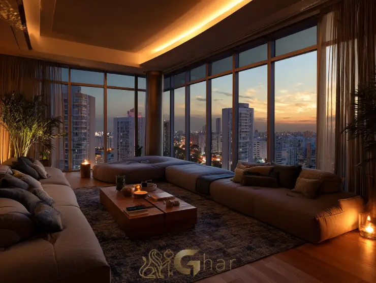 Sala de estar decorada em apartamento na Chácara Santo Antônio