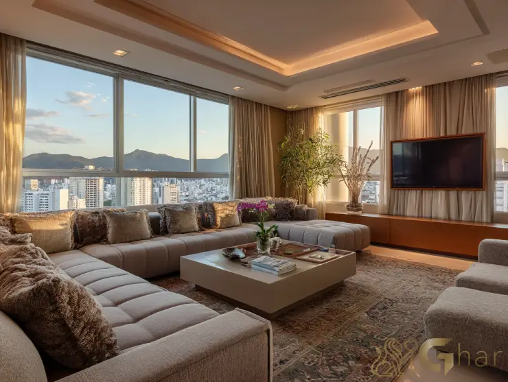 Sala de estar decorada em apartamento de alto padrão em Higienópolis