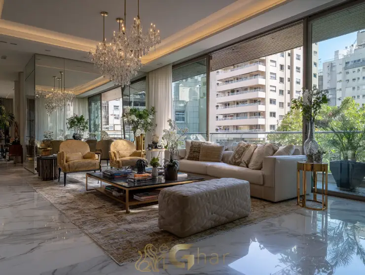 Sala decorada em estilo clássico e moderno em apartamento de alto padrão no Ipiranga