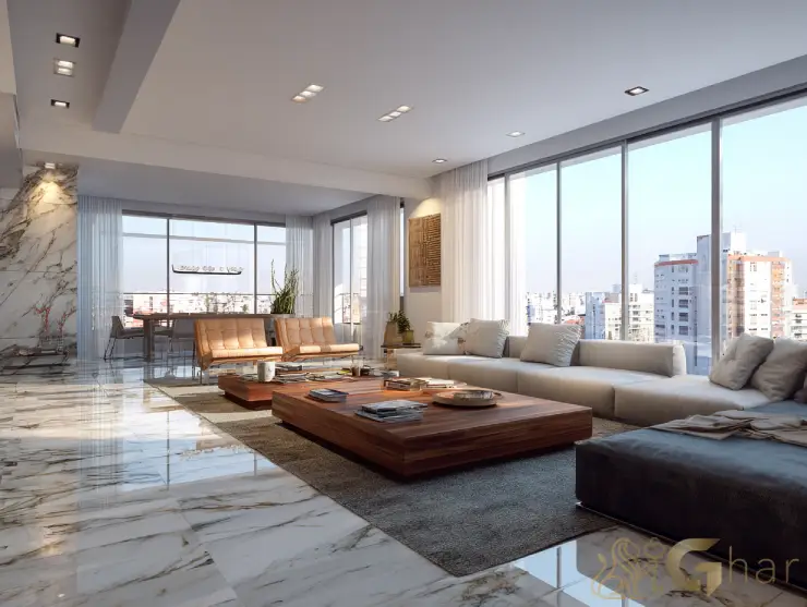 Sala de estar ampla e sofisticada em apartamento no Jardim das Perdizes