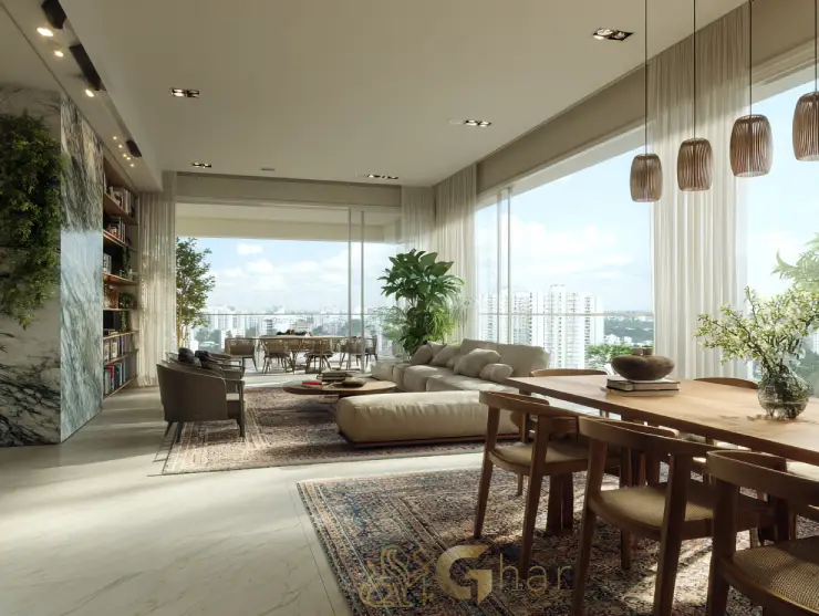 Sala integrada à varanda em apartamento no Jardim das Perdizes