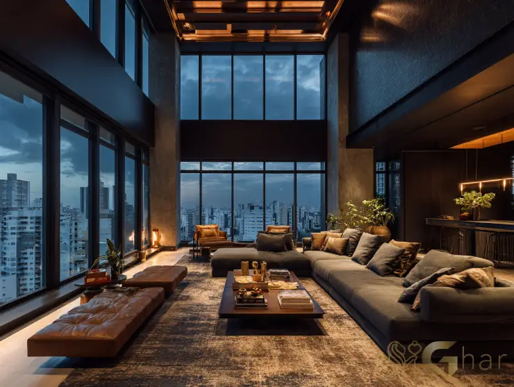 Sala de estar com pé-direito duplo em apartamento de luxo no Jardins