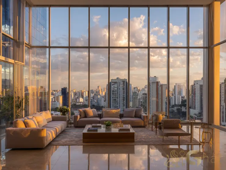 Sala com pé-direito duplo e design sofisticado em imóvel na zona sul da capital paulista