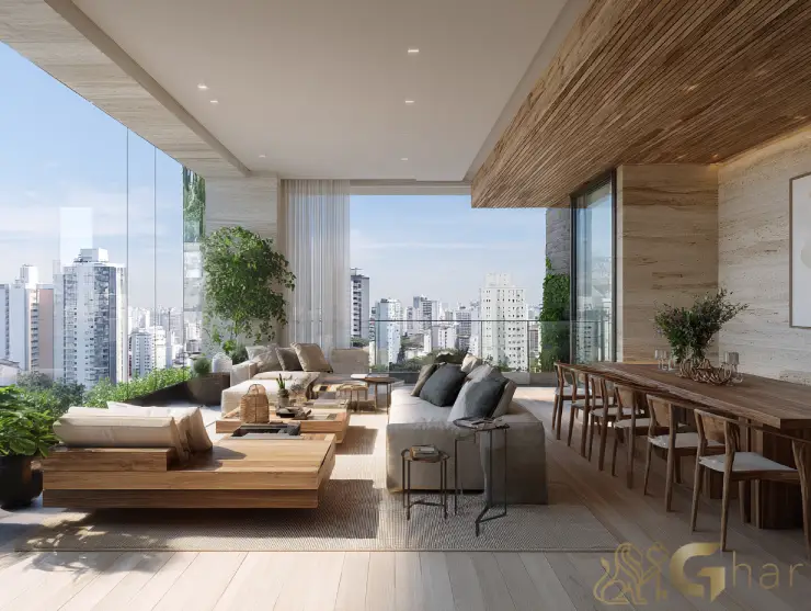 Sala de estar e jantar integradas em apartamento de alto padrão em Perdizes