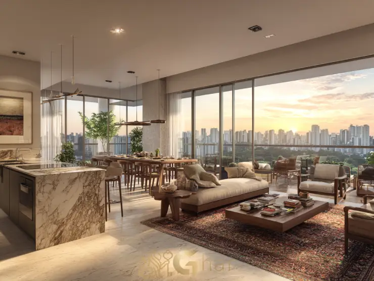 Cozinha aberta integrada à sala em apartamento moderno no bairro Pinheiros