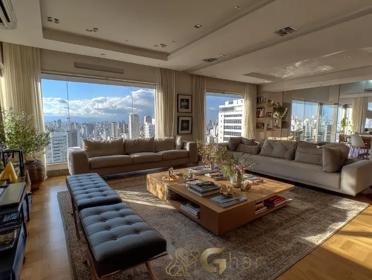 Sala ampla decorada em residência na zona sul da capital com iluminação natural e design contemporâneo