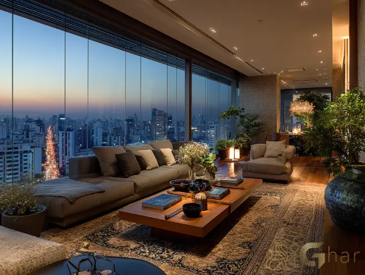 Sala de estar decorada em imóvel de alto padrão na zona sul da capital