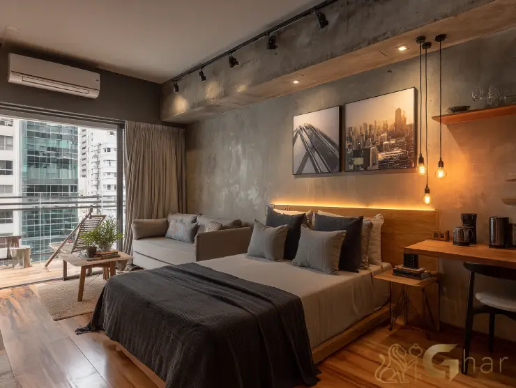 Studio decorado compacto em apartamento na Saúde, São Paulo