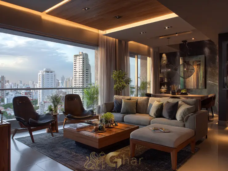 Sala de estar com varanda integrada em apartamento no Tucuruvi, totalmente decorada.