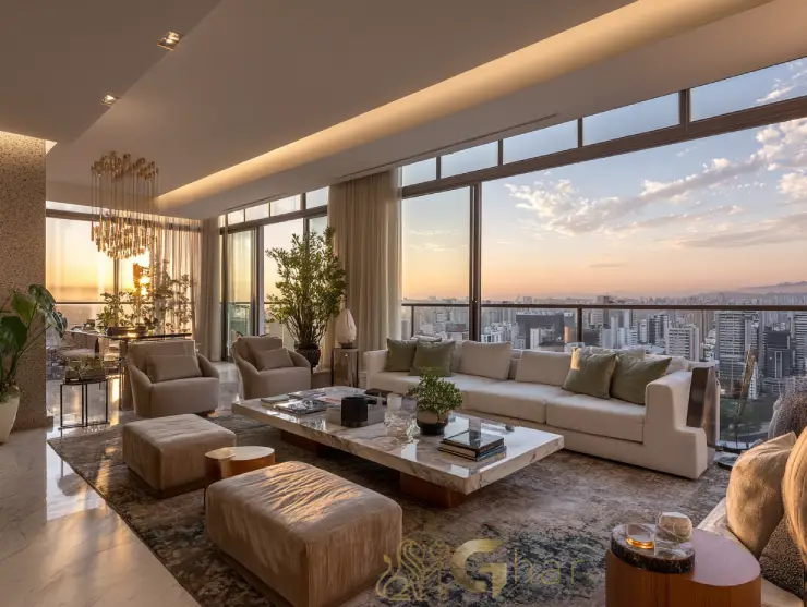 Sala integrada e varanda decorada de alto padrão na zona sul da capital