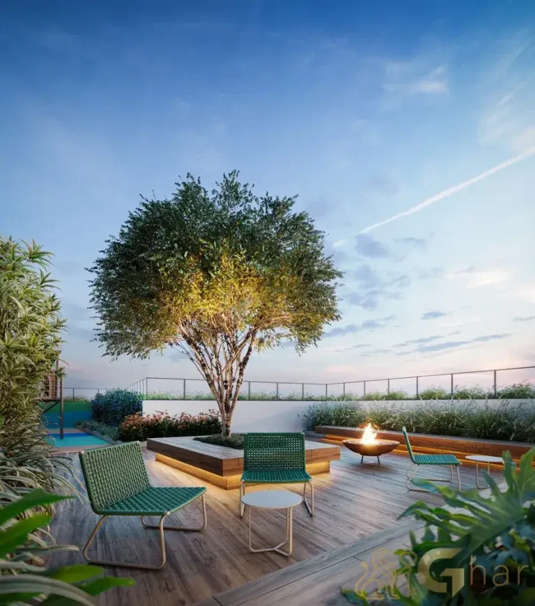 Lounge com lareira do condomínio DF345 Vila Clementino em São Paulo