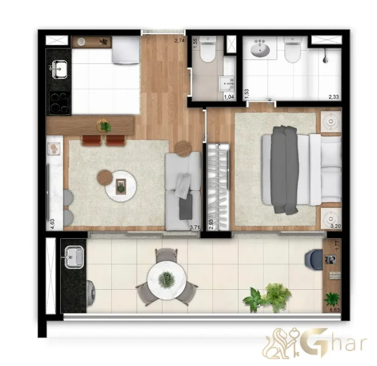 Planta do apartamento de 48 m² – 1 suíte – DF345 Vila Clementino