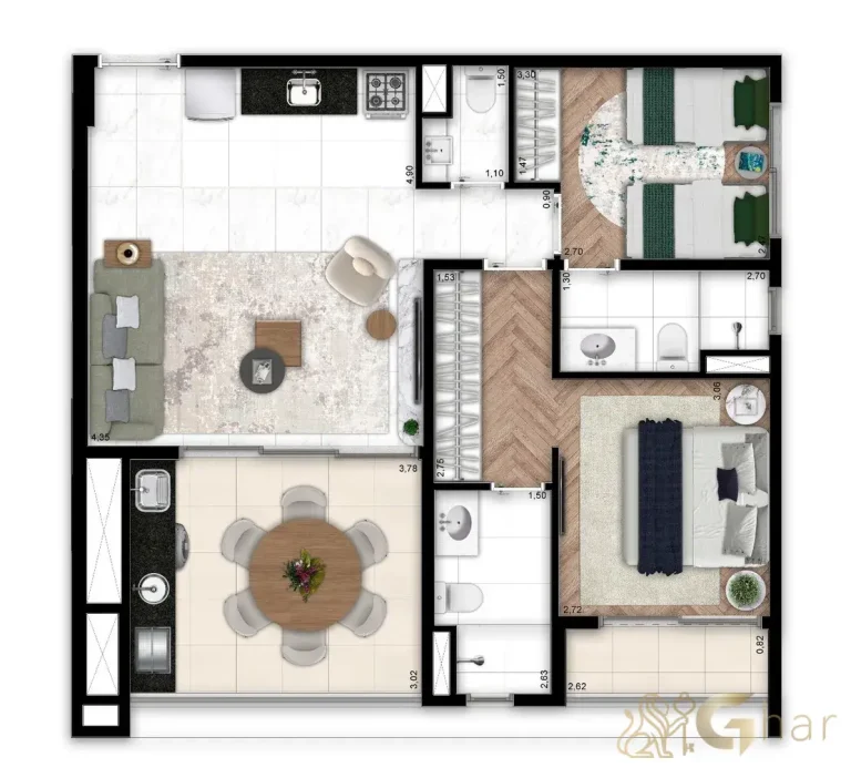 Planta do apartamento de 75 m² com 2 suítes – DF345 Vila Clementino