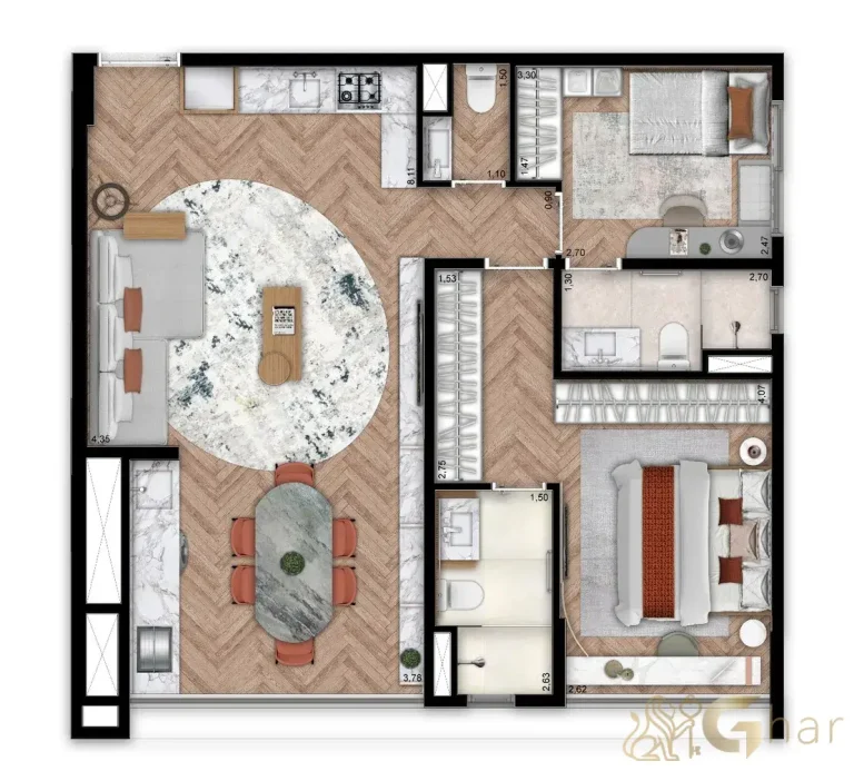 Planta tipo 75 m² – 2 suítes – DF345 Vila Clementino