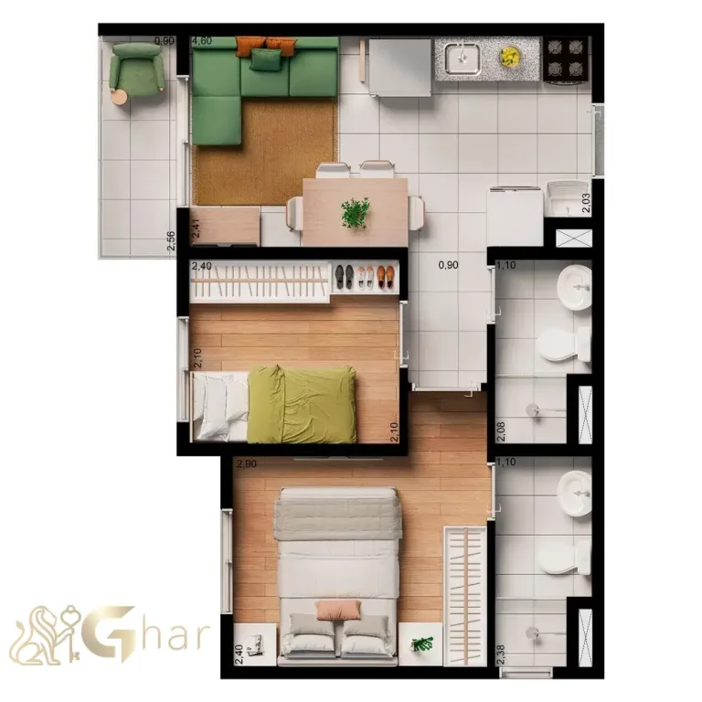 Elev Alto do Ipiranga – Planta 2 dormitórios com suíte e varanda 37m²