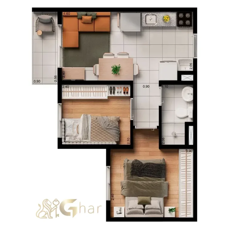 Elev Alto do Ipiranga – Planta apartamento 2 dormitórios 34m² funcional e moderna