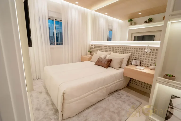 Suíte casal em apartamento decorado de 30 m² no Every Day Chácara Klabin