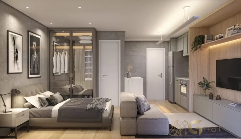 Quarto integrado ao living em apartamento de 29 m² no Every Day Chácara Klabin