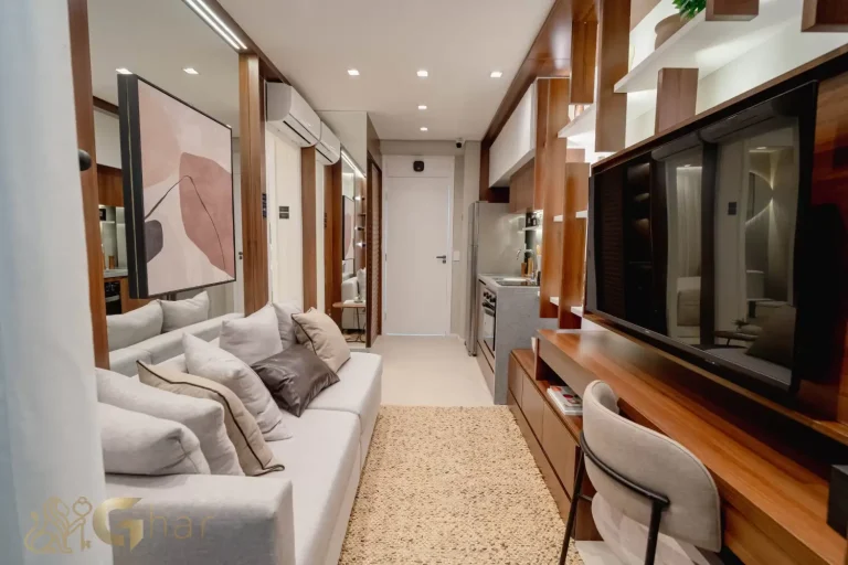 Sala decorada em apartamento de 30 m² no Every Day Chácara Klabin