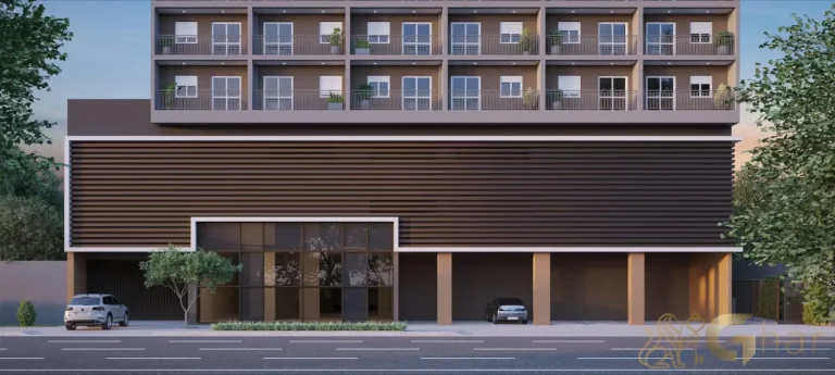 Fachada com lojas no condomínio Every Day Chácara Klabin