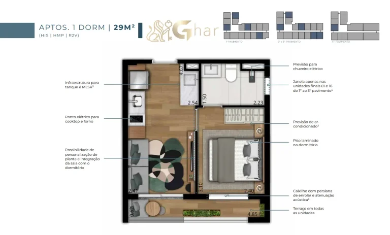 Planta apartamento 1 dormitório 29 m² no EVO Vila Clementino