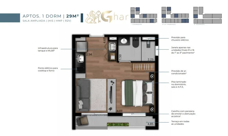 Planta apartamento 1 dormitório 29 m² com sala ampliada no EVO Vila Clementino