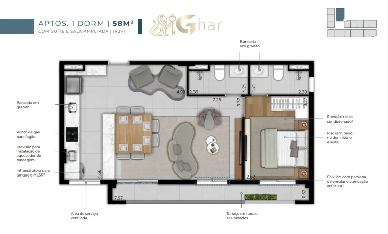 Planta apartamento 1 dormitório 58 m² suíte e sala ampliada no EVO Vila Clementino