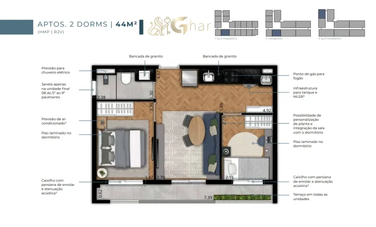 Planta apartamento 2 dormitórios 44 m² no EVO Vila Clementino