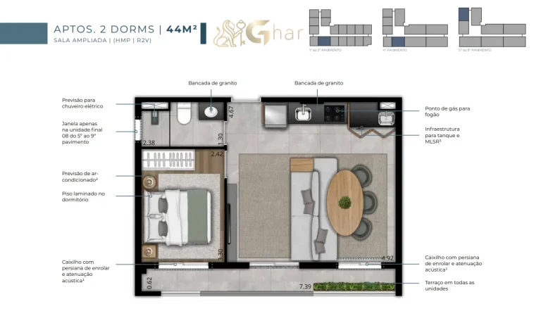 Planta apartamento 2 dormitórios 44 m² com sala ampliada no EVO Vila Clementino