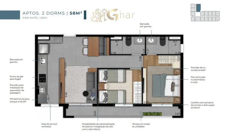 Planta apartamento 2 dormitórios 58 m² com suíte no EVO Vila Clementino