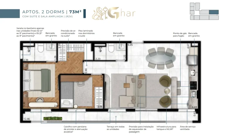 Planta apartamento 2 dormitórios 73 m² suíte com sala ampliada no EVO Vila Clementino