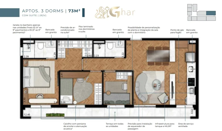 Planta apartamento 3 dormitórios 73 m² com suíte no EVO Vila Clementino