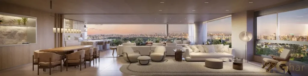 Apartamento decorado Granoscar Ibirapuera – planta de 353 m² com 3 suítes e living integrado