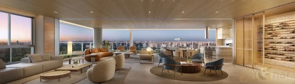 Apartamento decorado Granoscar Ibirapuera – living ampliado de 394 m² com 3 suítes em Moema
