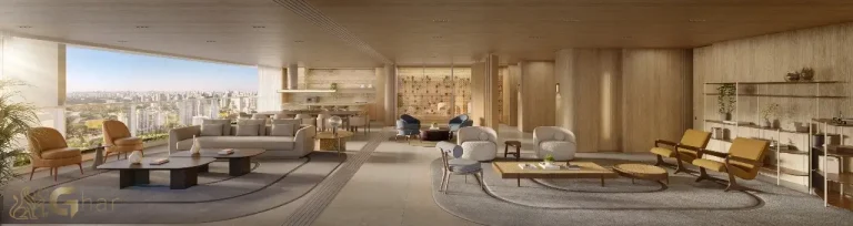 Living da Casa Suspensa no Granoscar Ibirapuera – amplitude e design contemporâneo em condomínio de luxo